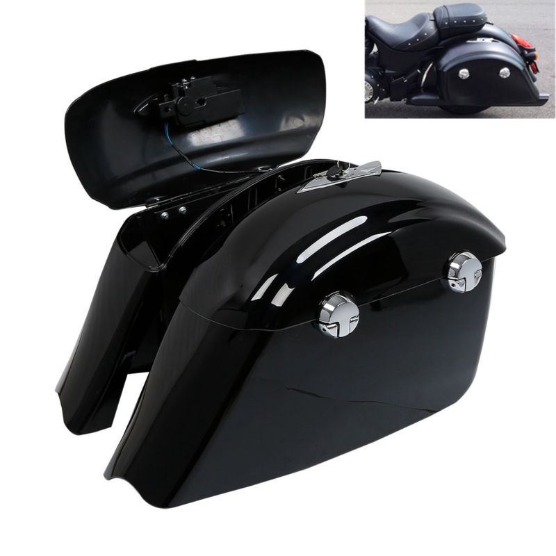 Motorcycle Gloss Black Saddlebag Set w/Electronic Latch Concert Audio Lid