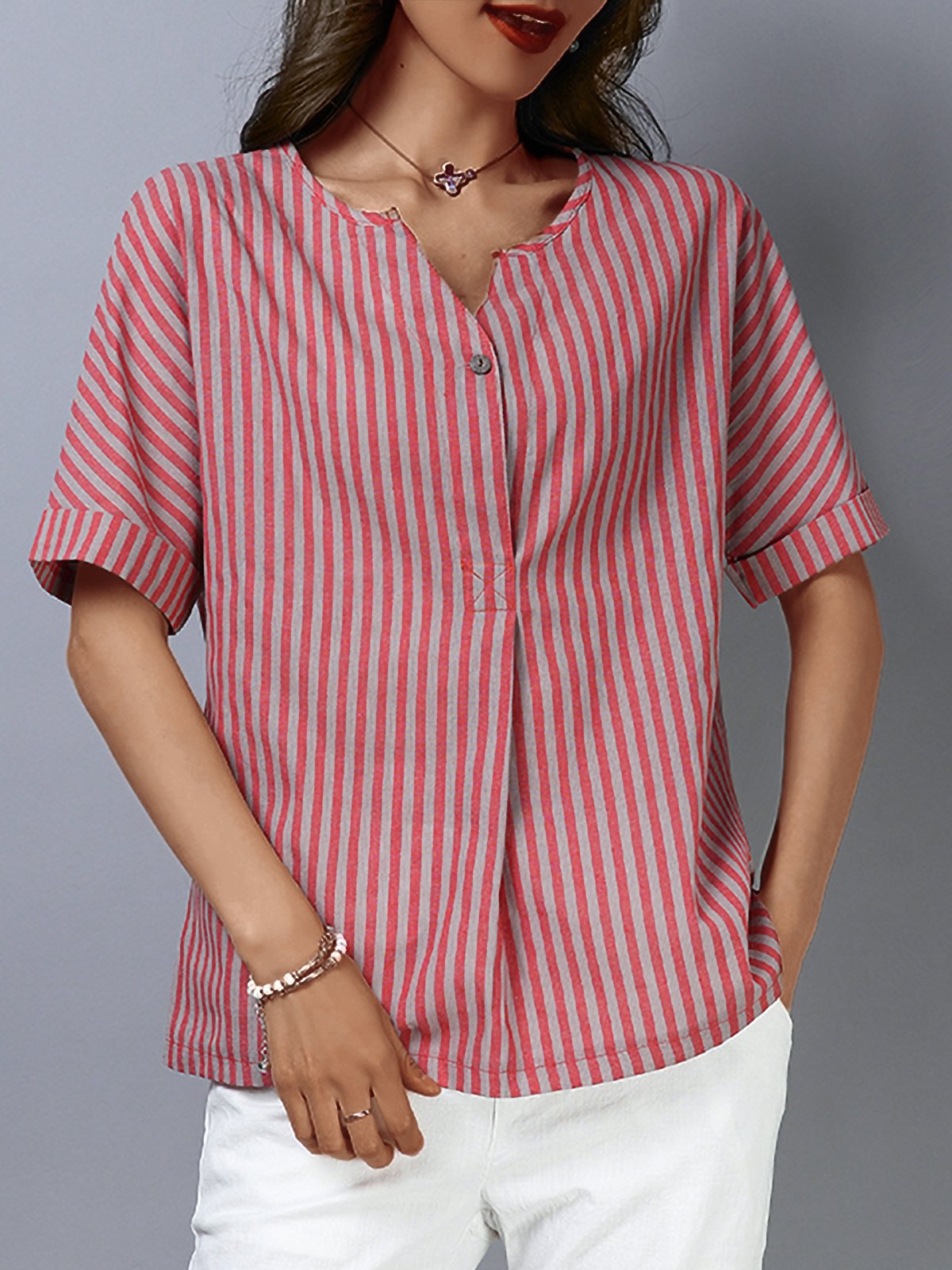 Plus Size Women Short Sleeve V-Neck Striped Casual Tops
