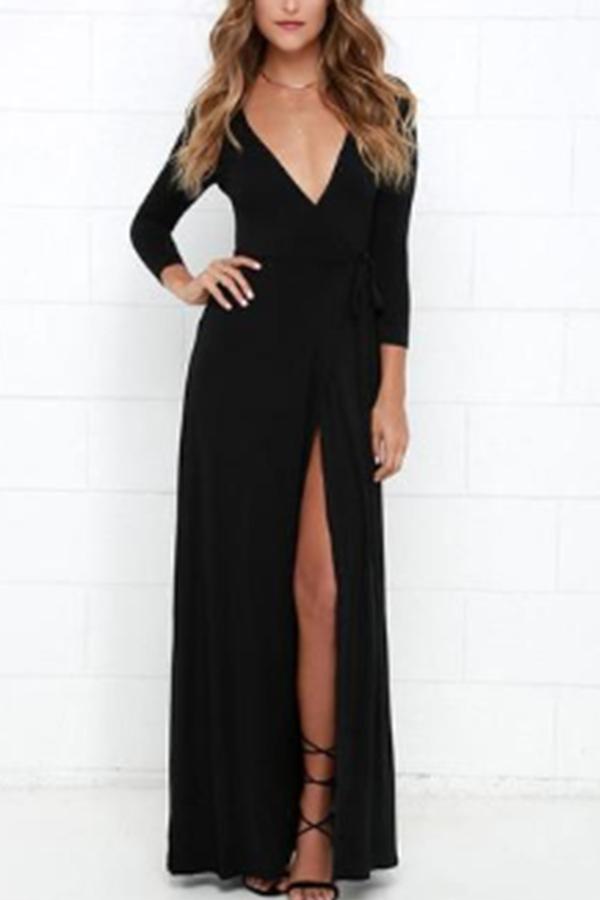 Fashion Sex V Neck   Pure Color Maxi Dresses