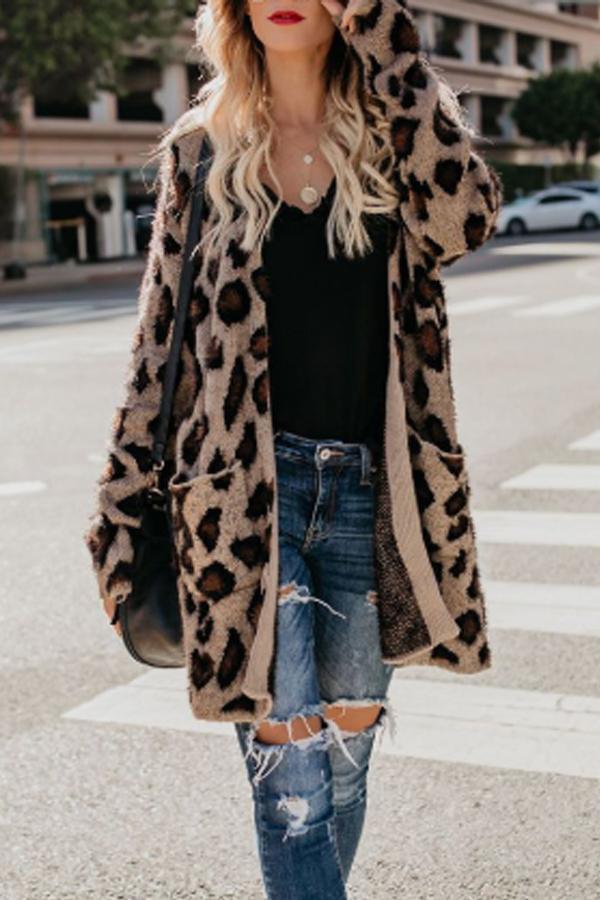 Collarless  Flap Pocket  Leopard Printed Cardigans