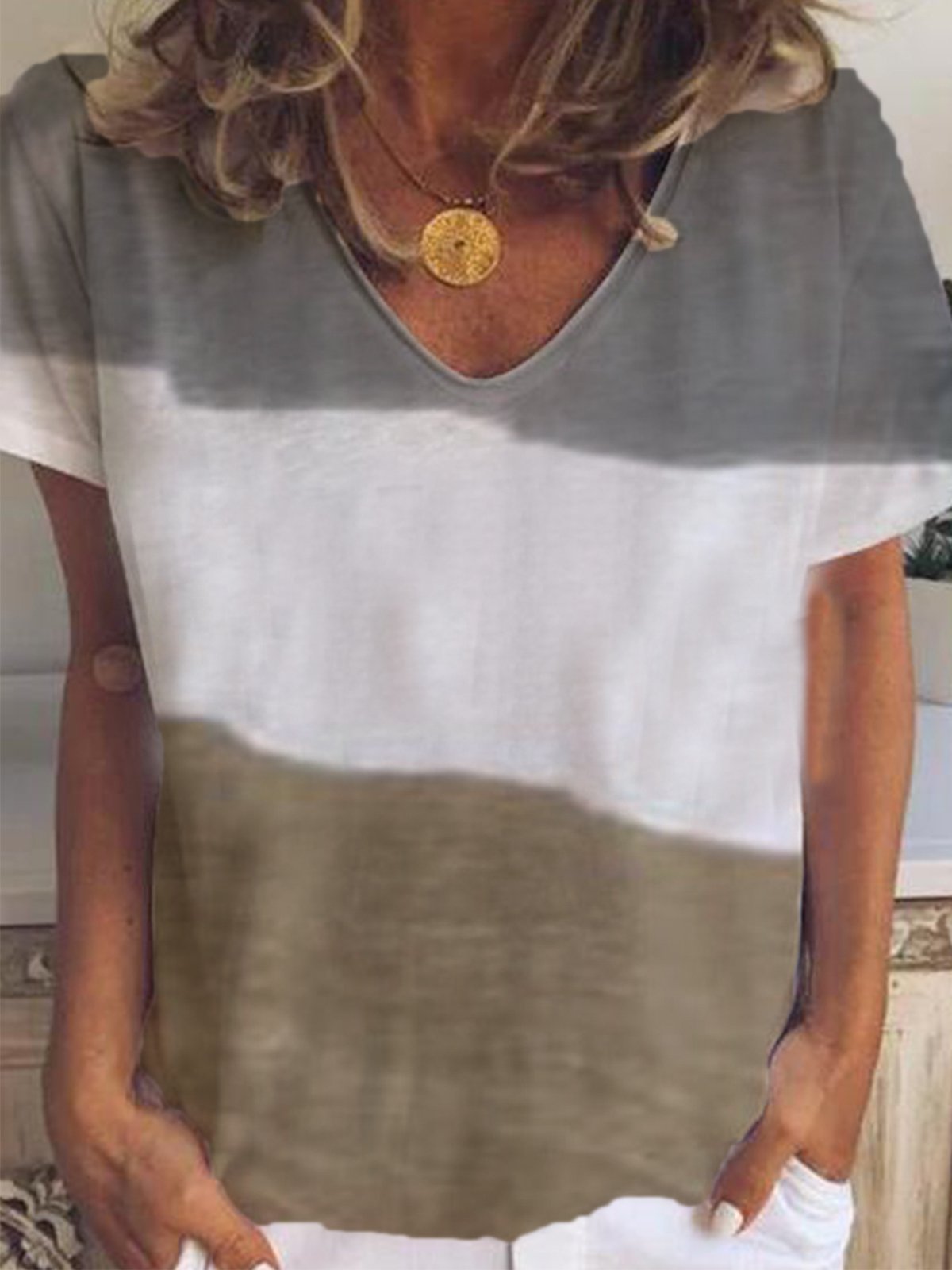 Gray Cotton-Blend Color-Block Short Sleeve Shirts & Tops