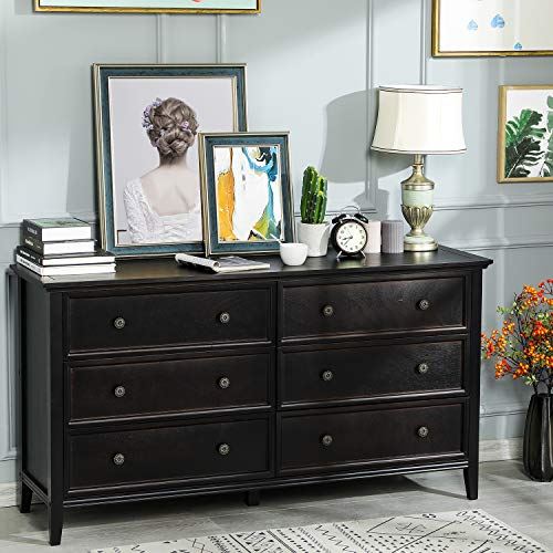 Hasuit Solid Wood Double Dresserw/ 6 Drawer for Bedroom, Living Room & Hallway
