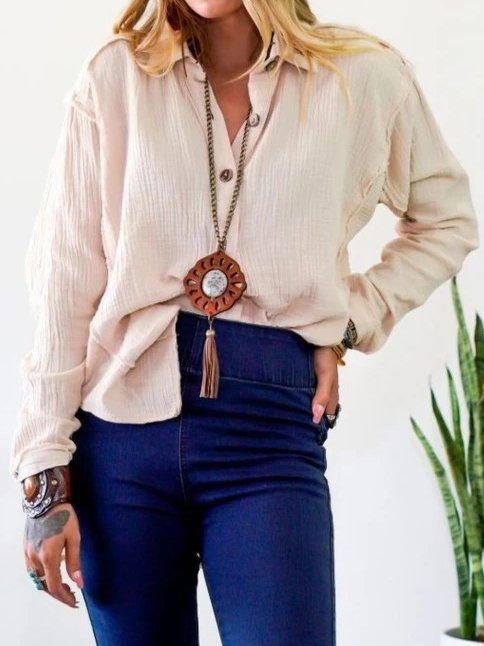 Creamy White Shirt Collar Simple & Basic Shirts & Tops