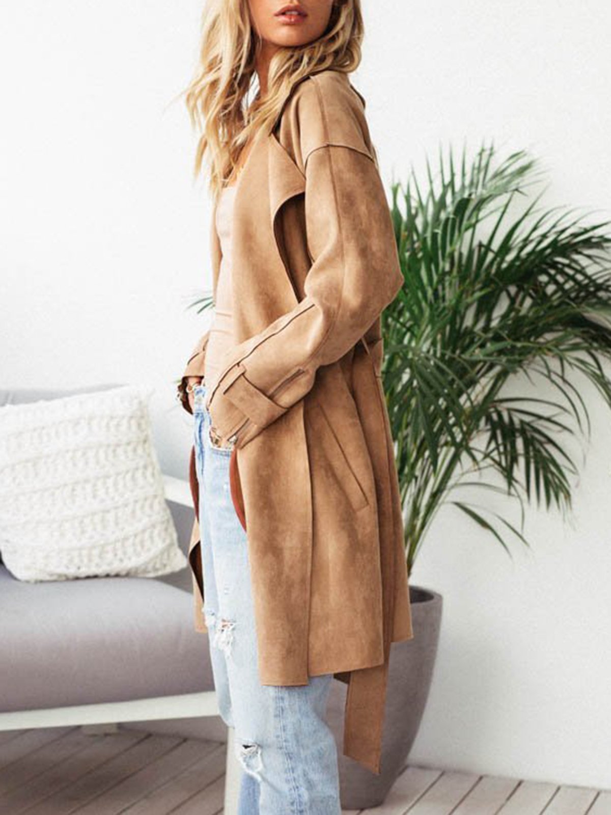 Khaki Elegant Paneled Pu Plain Coat