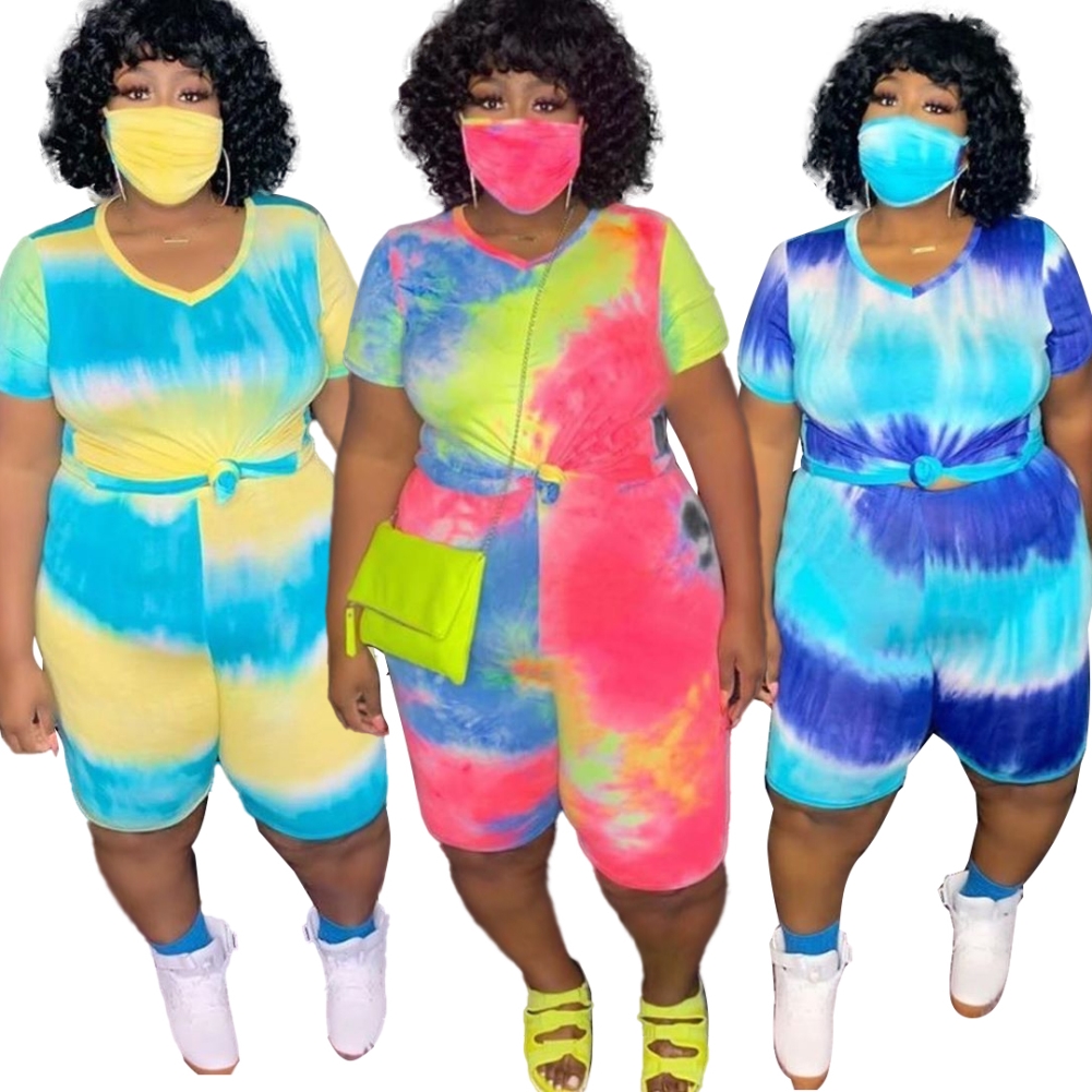 Plus Size Summer Tie Dye Two Piece Shorts Set with Face Cover