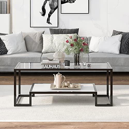 Glass Coffee Table Cocktail Tables, Metal with Stained White Tempered Glass / 2-Tier