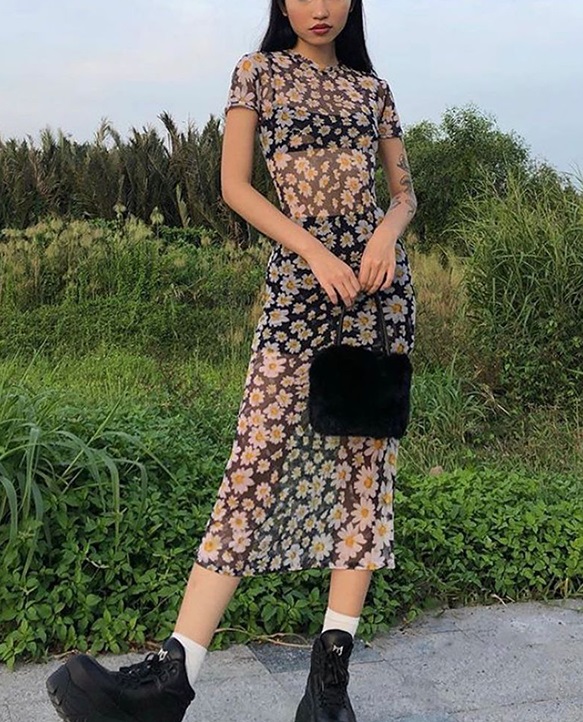 Summer Floral Print See Through Long Curvy Dress