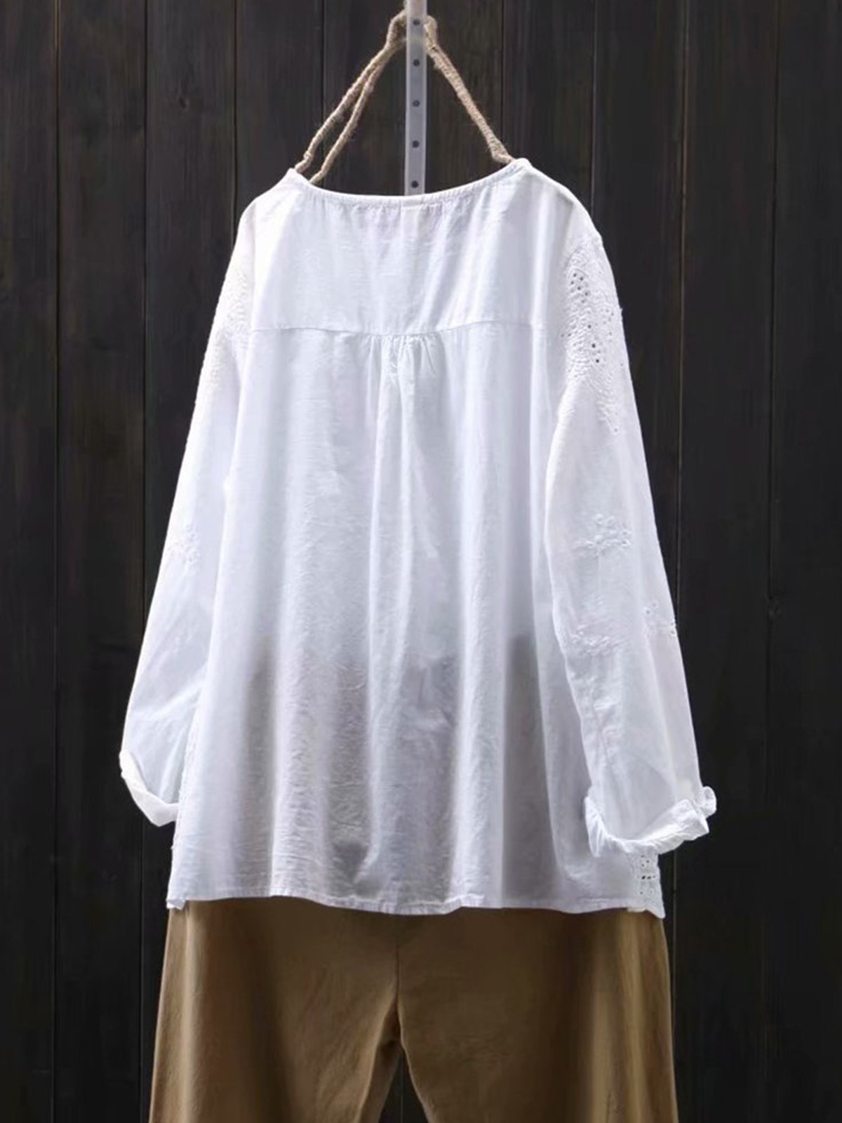 Loose Long Sleeve Hollow Out Embroidery Crew Neck Shirt