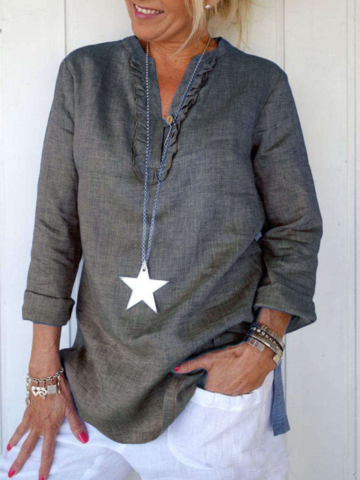 Long Sleeve Flounce V Neck Slit Causal Tops