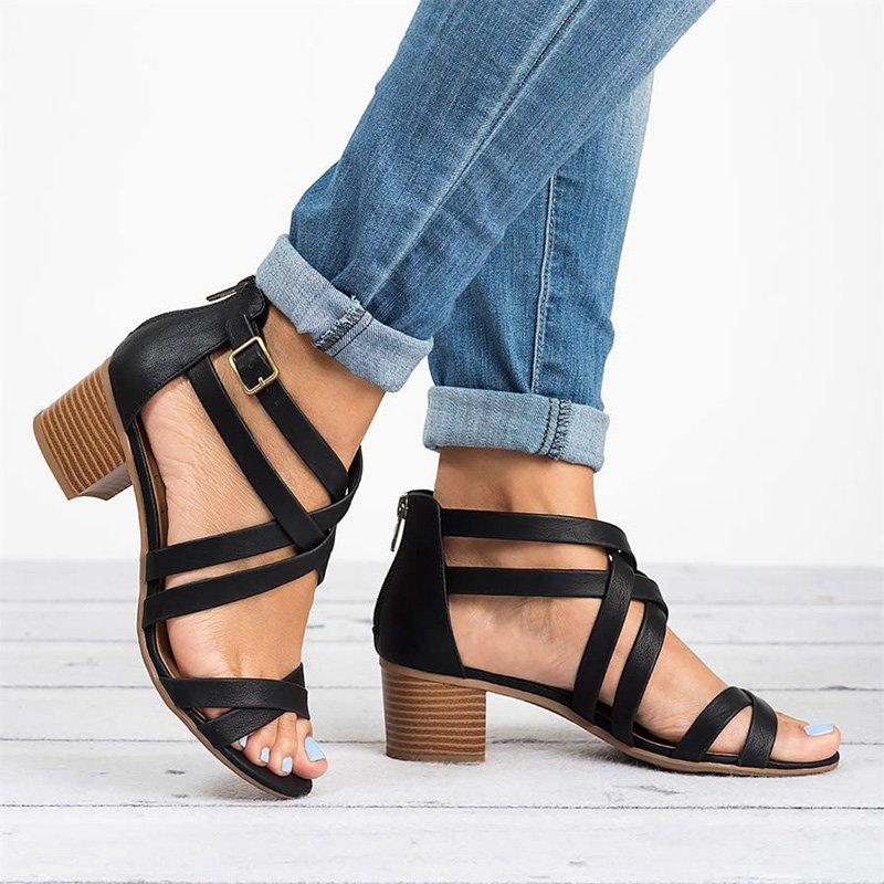 Women Fashion Criss Cross Strap Block Heel Casual Sandals