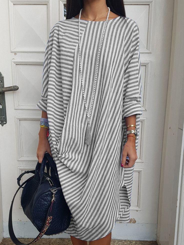 Round Neck Cotton-Blend 3/4 Sleeve Dresses