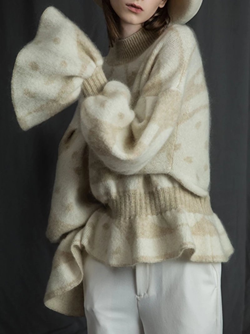 Casual Loose High Collar Long Lantern Sleeves Falbala Hem Sweater