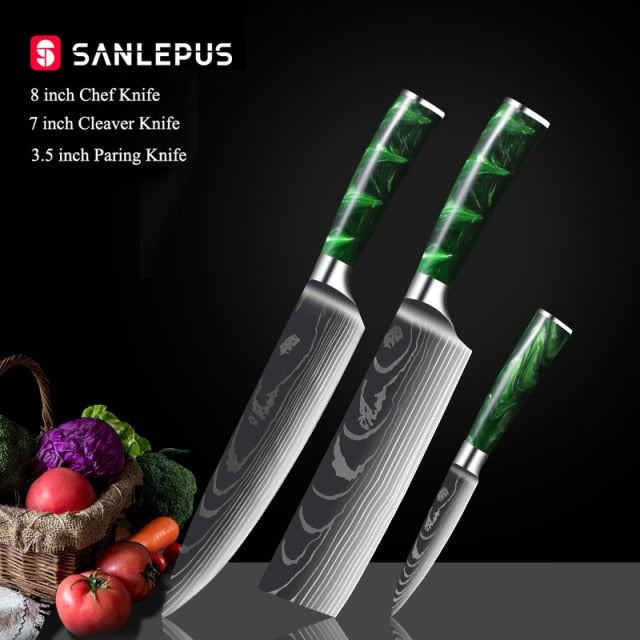 1-10 Pcs Chef Knife Set Kitchen Knives Laser Damascus Pattern Sharp Japanese Santoku Knife