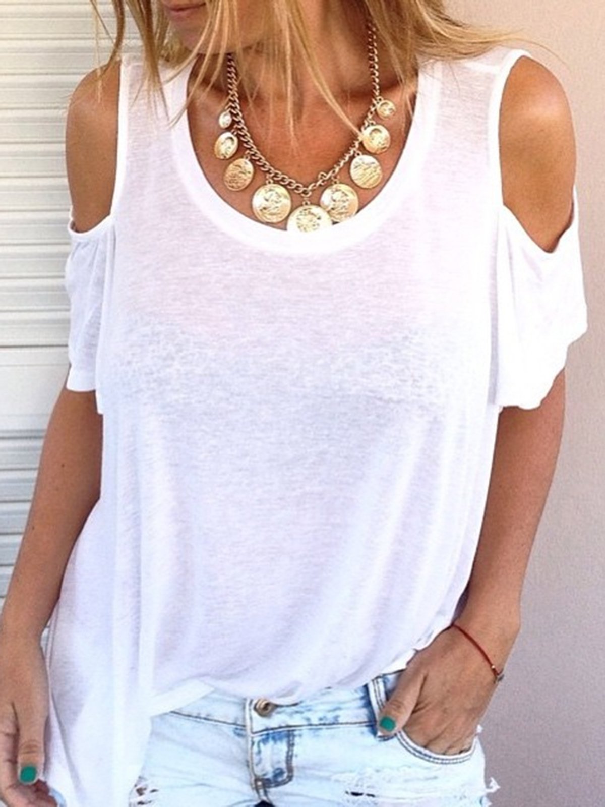 Women Tops Cold Shoulder Round Neck Sexy Casual T-Shirts