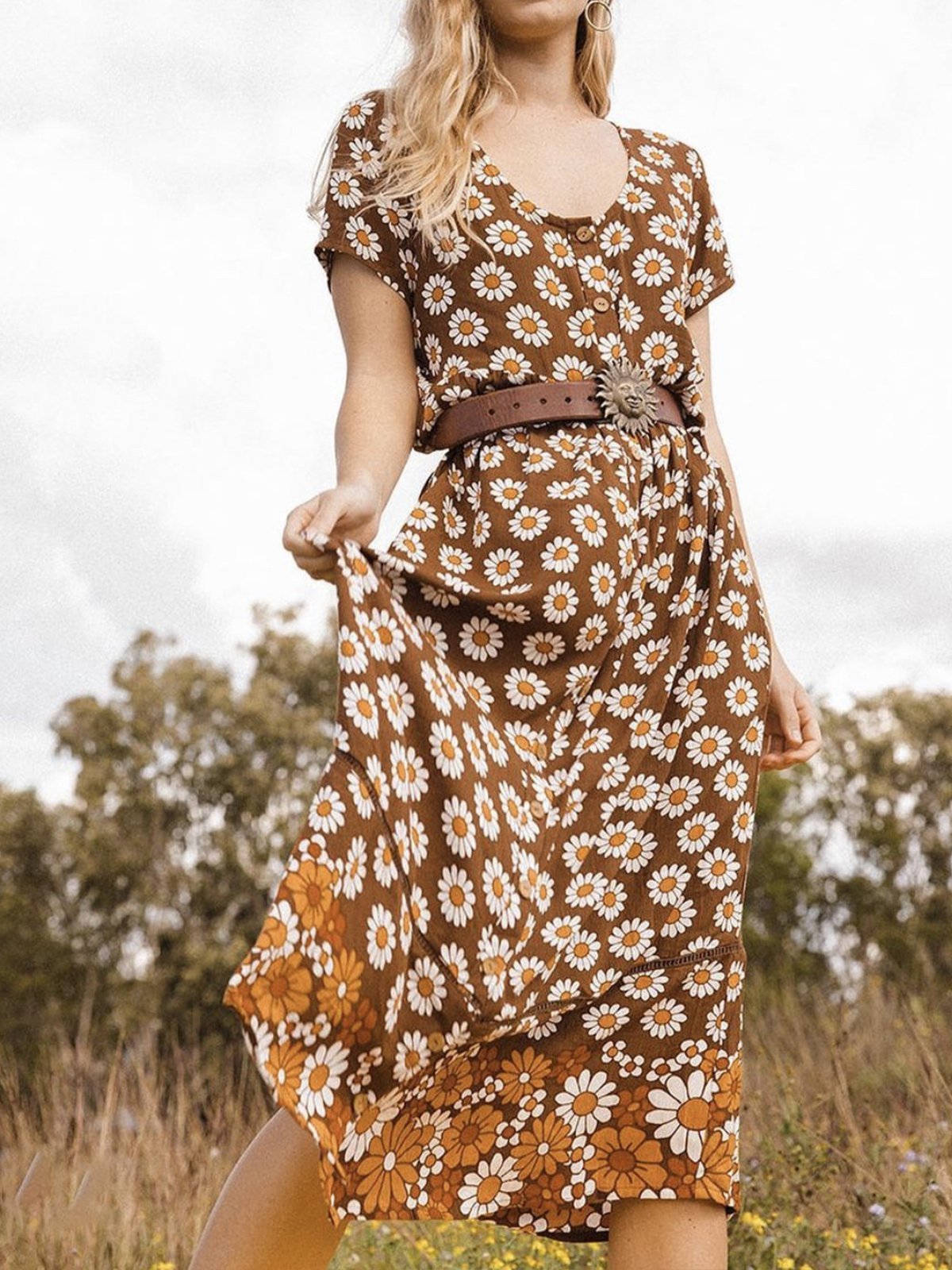 Nature Daisy A-Line Boho Short Sleeve Scoop Neckline Dresses