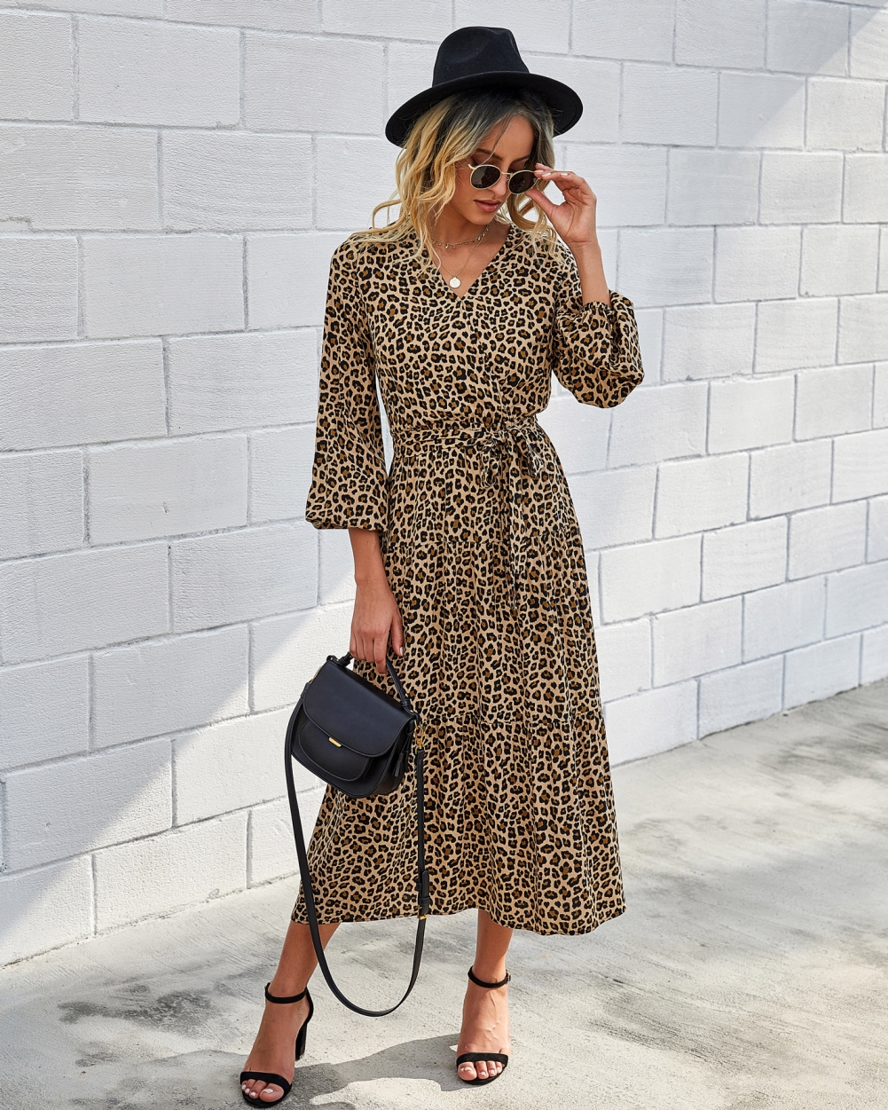 Western Long Sleeve Wrapped Leopard Long Dress