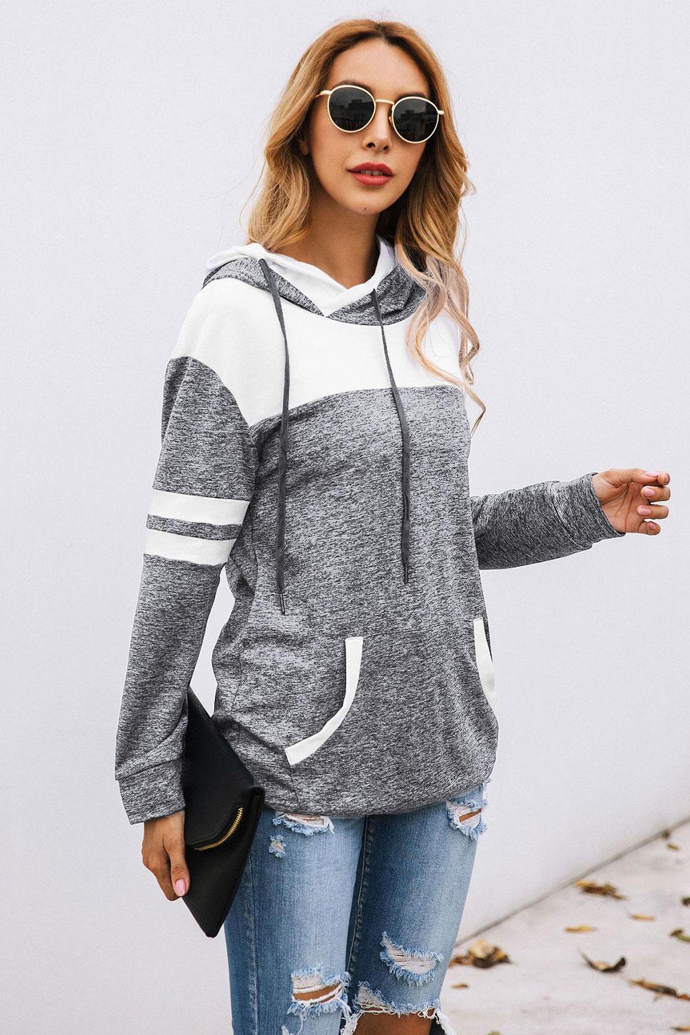Gray Color Block Pullover Hoodie with Pocket