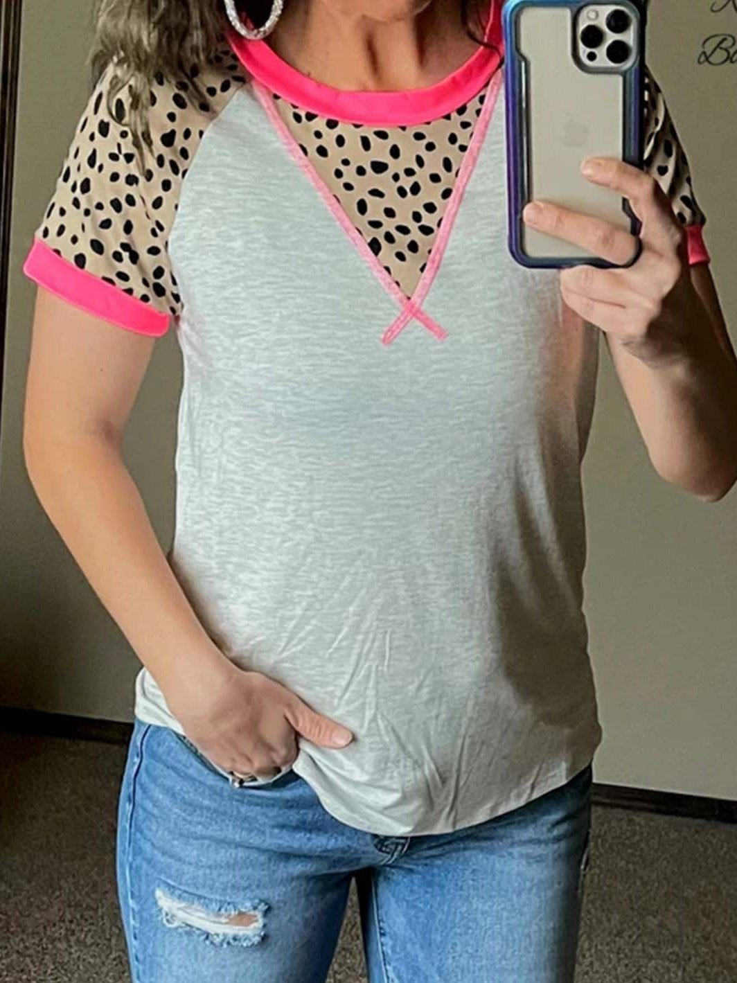 Cotton-Blend Shift Casual Leopard Shirts & Tops