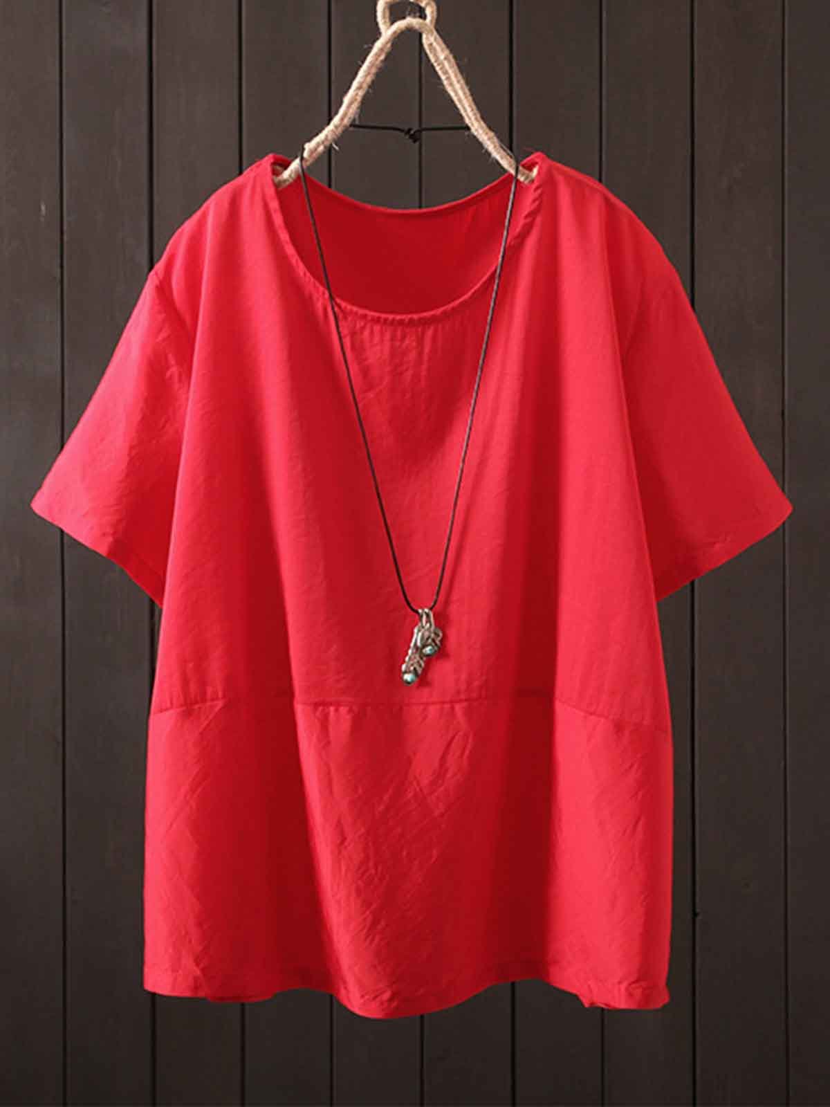 Short Sleeve Solid Round Neck Cotton-Blend Shirts & Tops