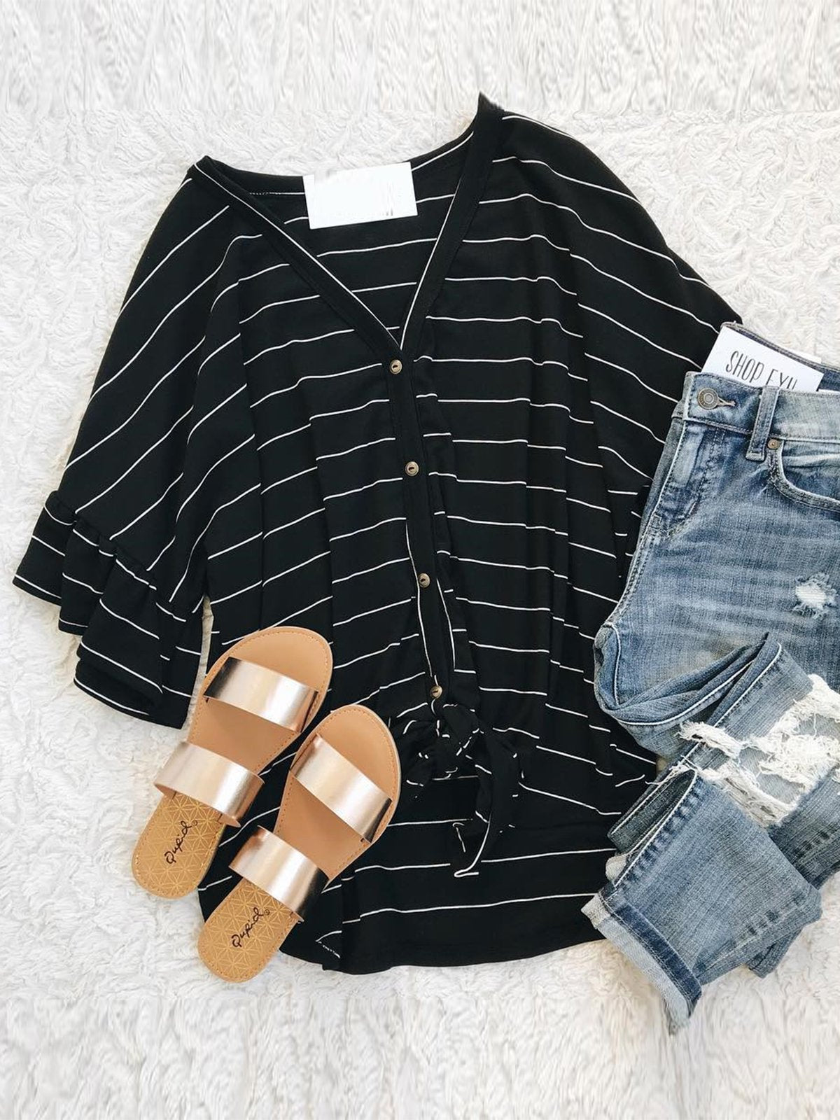 V-neck Striped Printed Casual T-Shirt
