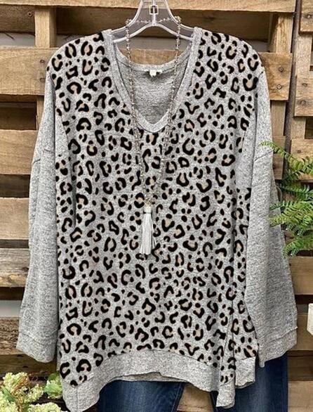 Casual Long Sleeve Color-Block Leopard Shirts & Tops