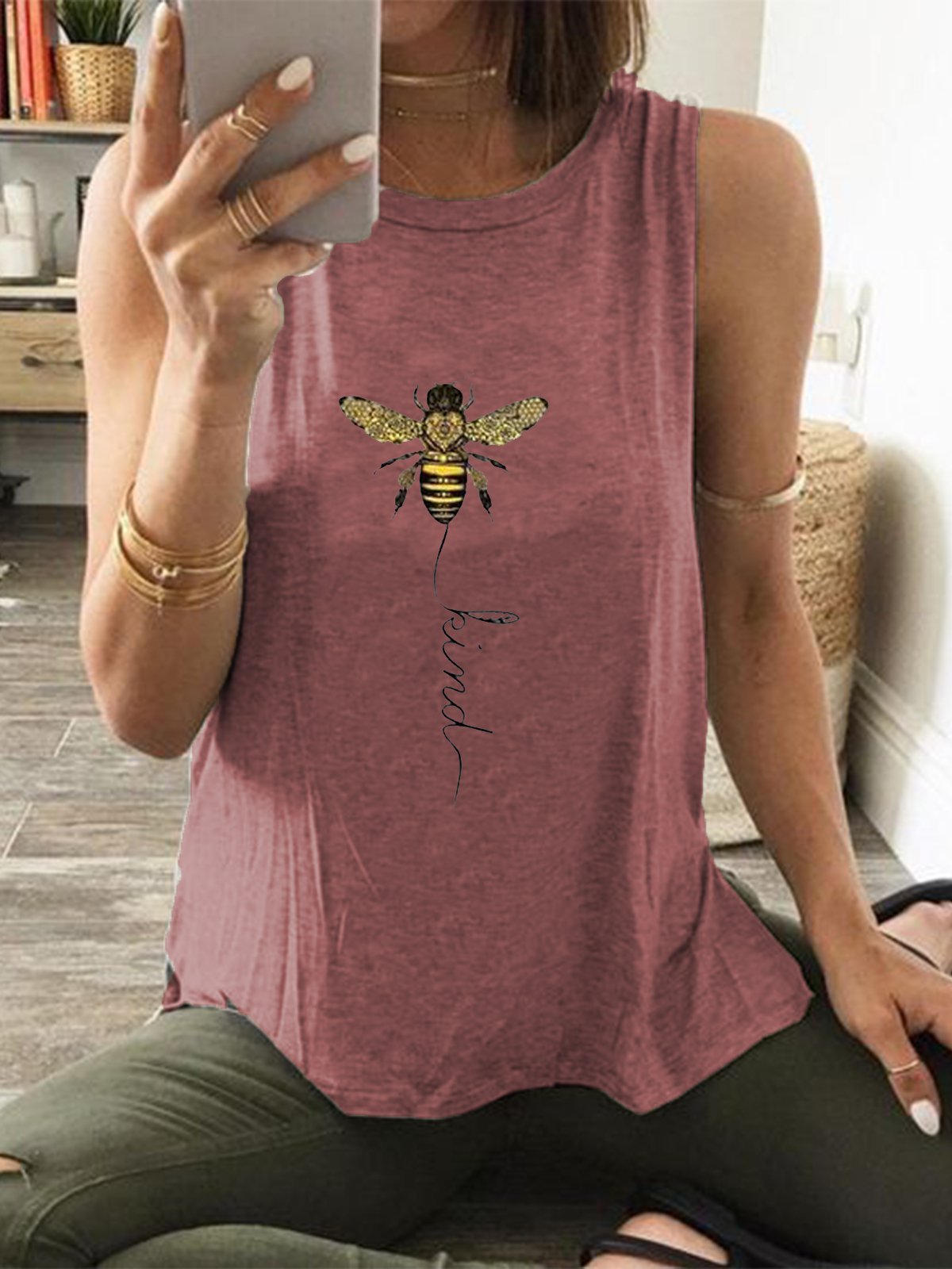 Casual everyday basic simple sleeveless print T-shirt