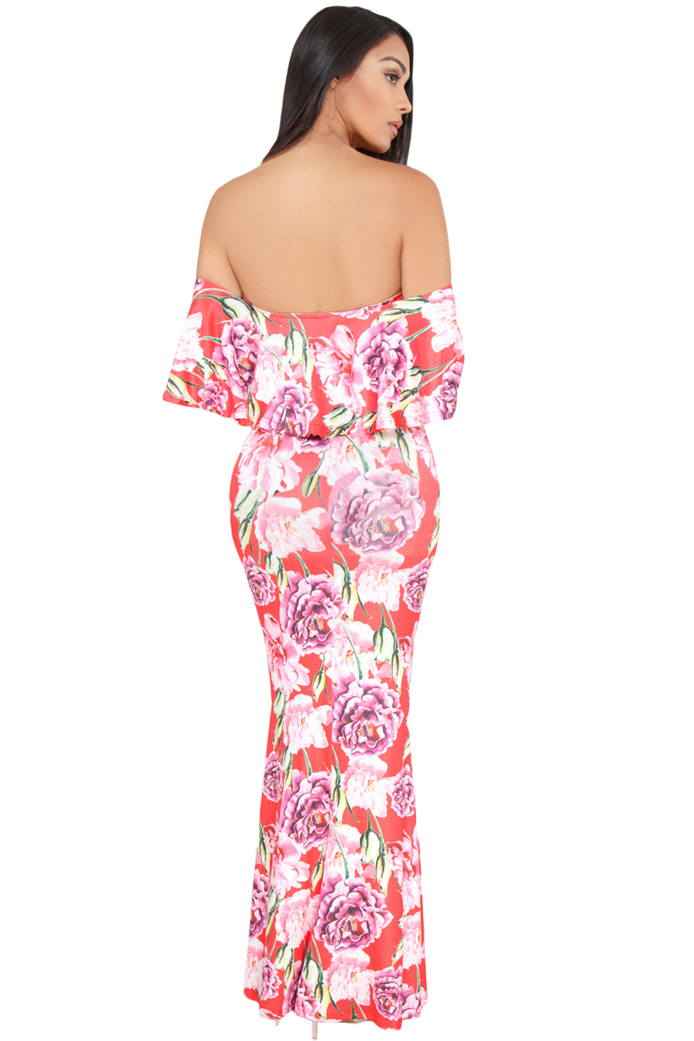 Coral Red Floral Print Off-the-shoulder Maxi Dress