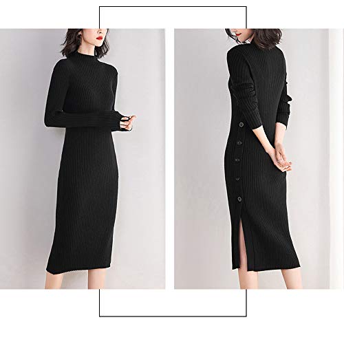 连衣裙 女士 长款 针织 毛衣 修身 紧身 针织连衣裙 毛衣连衣裙 高领 长袖 长款 开叉 打底连衣裙 秋冬 显瘦 优雅