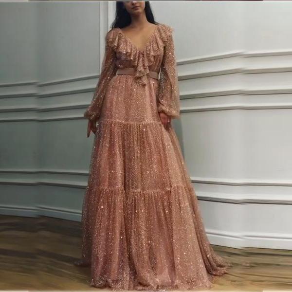 Fashion Sexy V Neck Sequins Evening Party Maxi Dresses