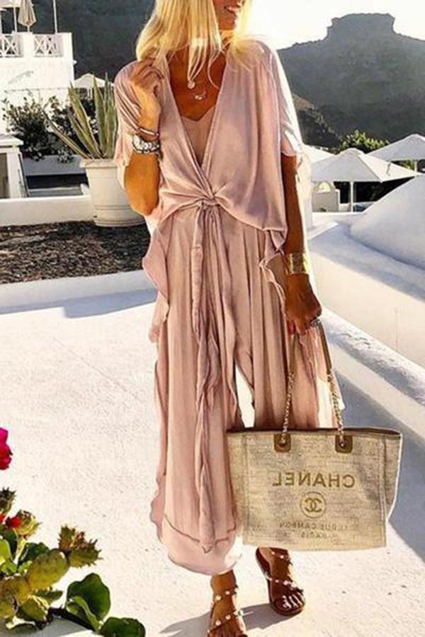 Casual Loose Tie Front V Neck Wide Leg Jumpsuit