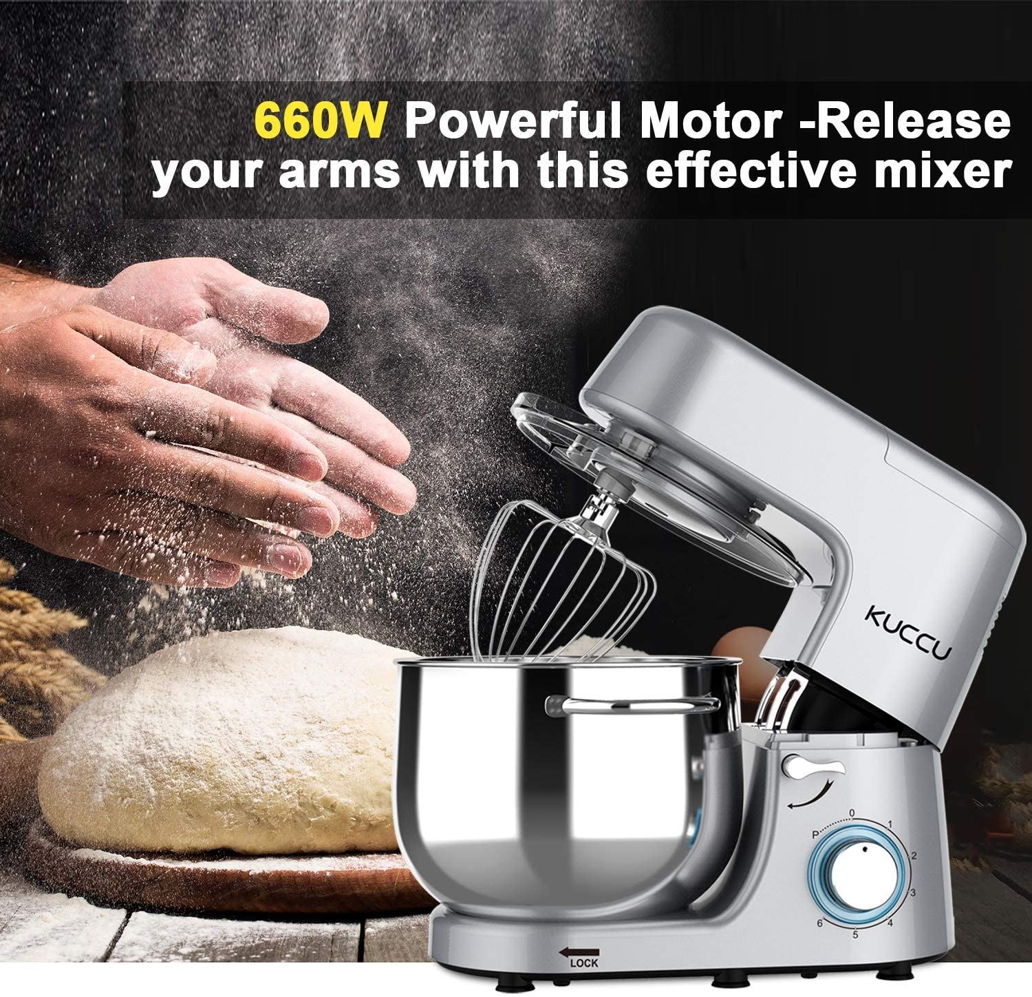 Kuccu Stand Mixer, 8.5 Qt 660W, 6-Speed Tilt-Head Food Dough Mixer,8.5-QT / Silver