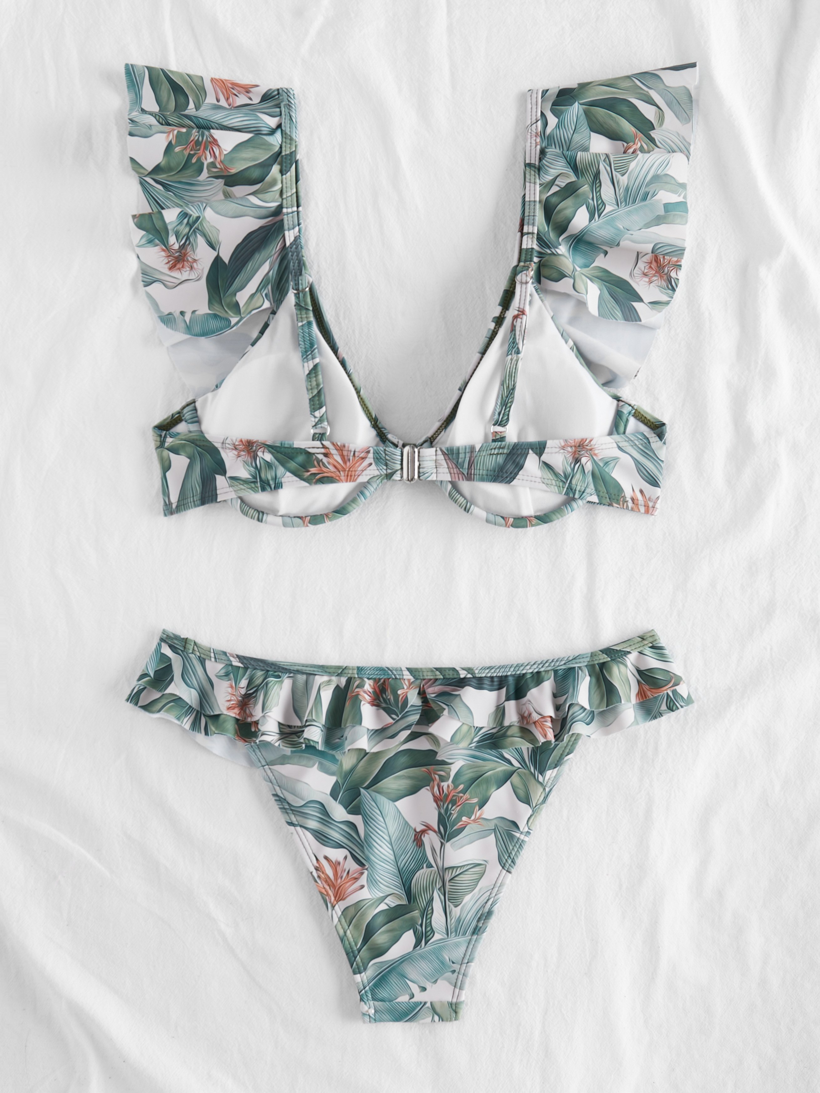 Floral Leaf Print Ruffle Wide Straps Bikini