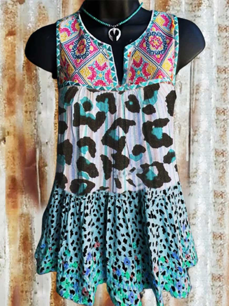 Leopard Crew Neck Casual Cotton-Blend Shirts & Tops