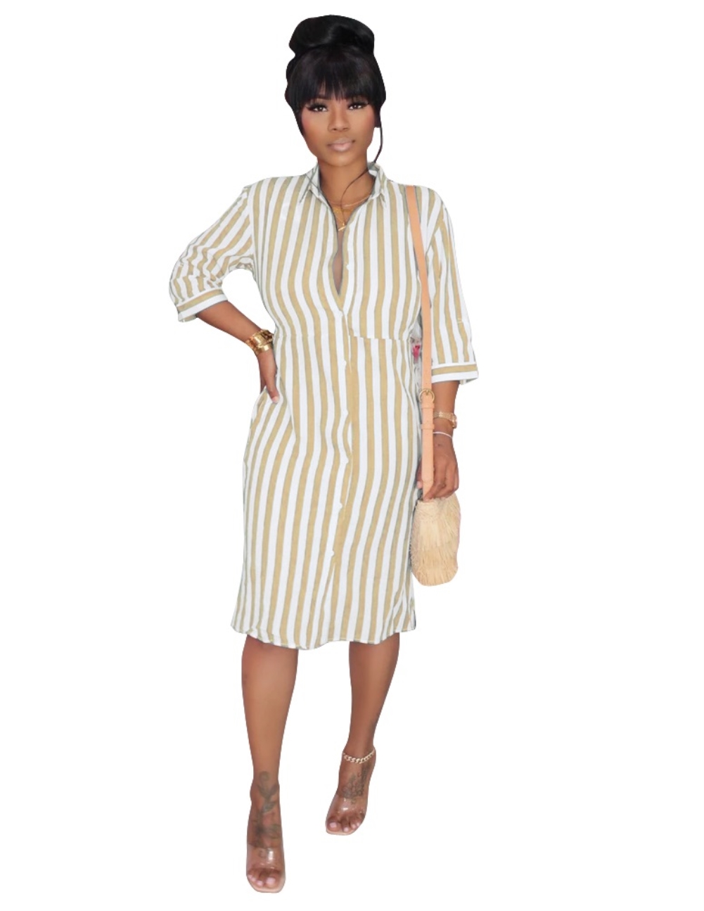 Fall Striped Blouse Dress with 3/4 Sleeves
