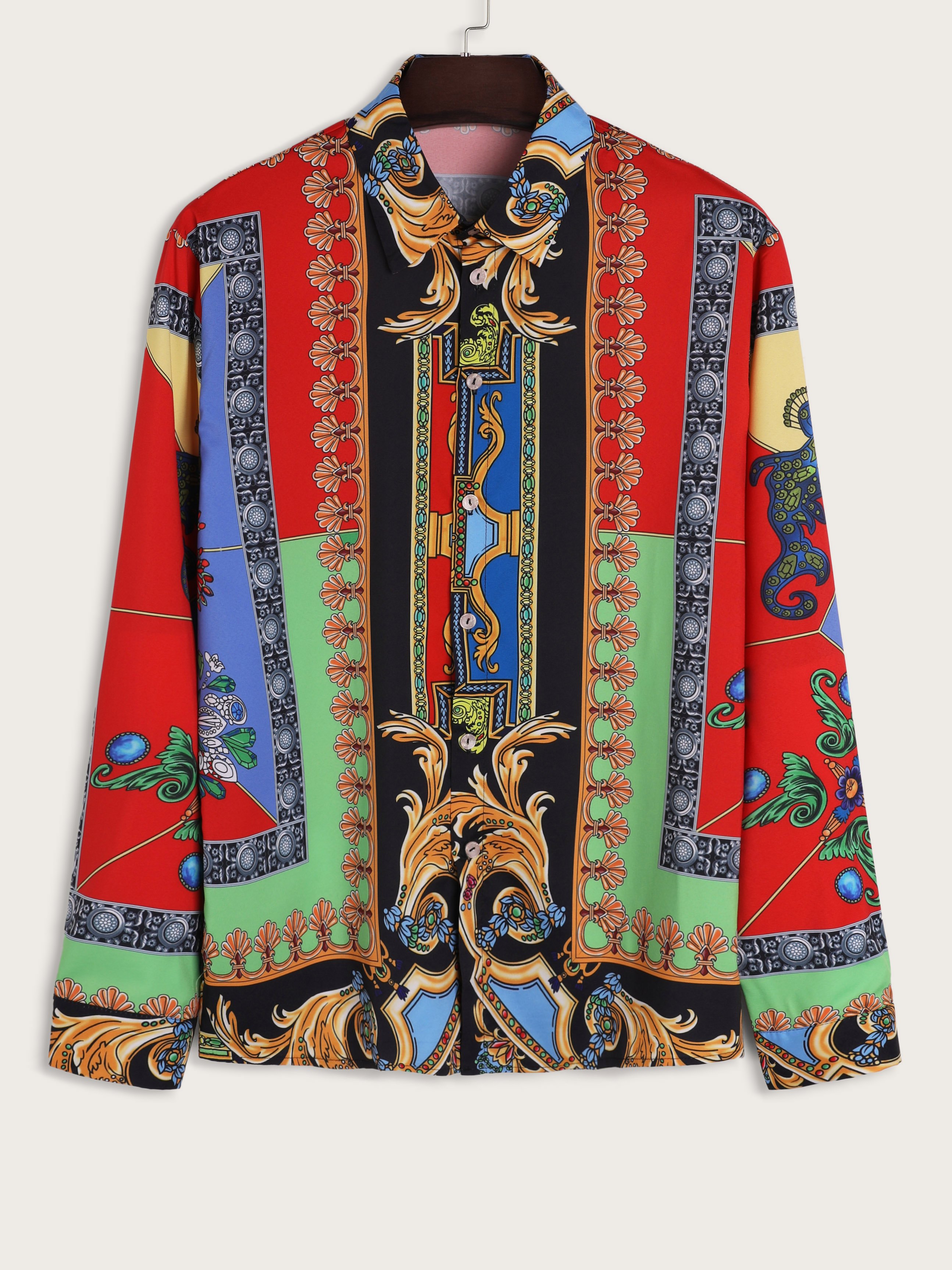 Men's Baroque Style Print Long Sleeve Blouse