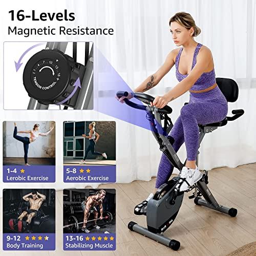 Barwing 16-8-2-3 Exercise Stationary Bike Foldable | 4 IN 1 Upright Recline Arm | Gray