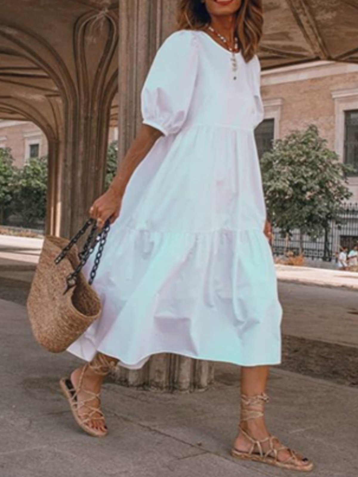 White Swing Holiday Round Neck Cotton-Blend Dresses