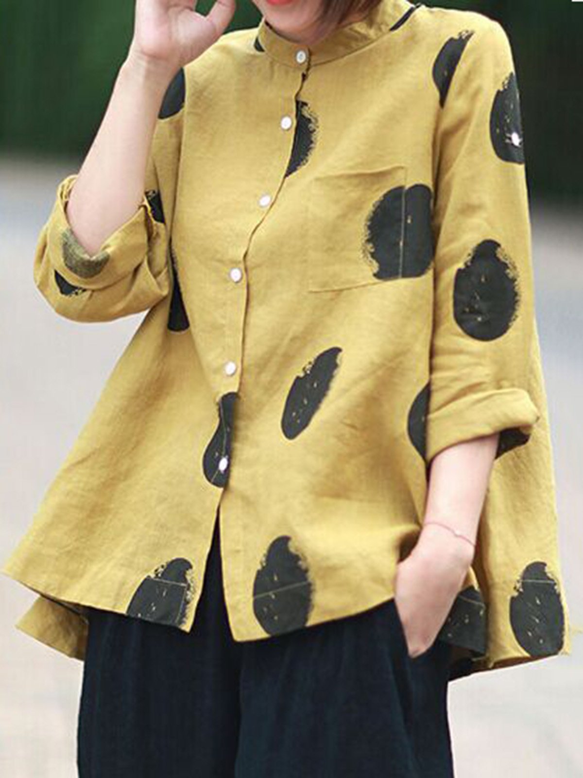 Women Casual Polka Dot Cotton Tops Long Sleeve Stand Collar Blouses