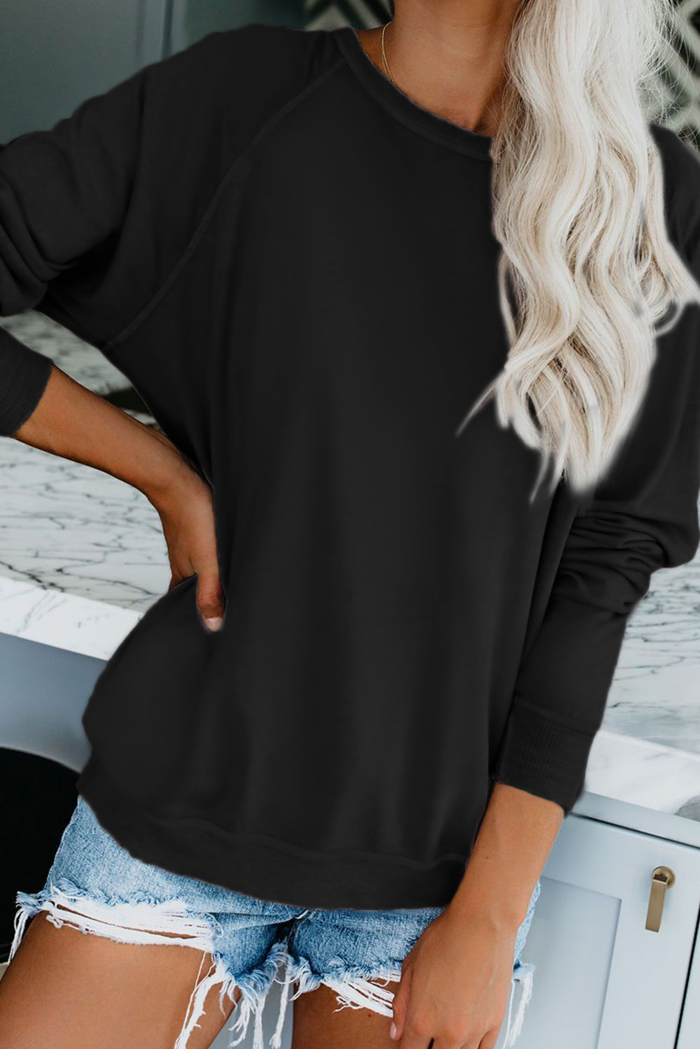 Black French Terry Cotton Blend Pullover Sweatshirt