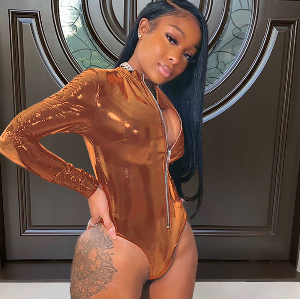Winter Party Sexy Zip Up Long Sleeve Leather Bodysuit