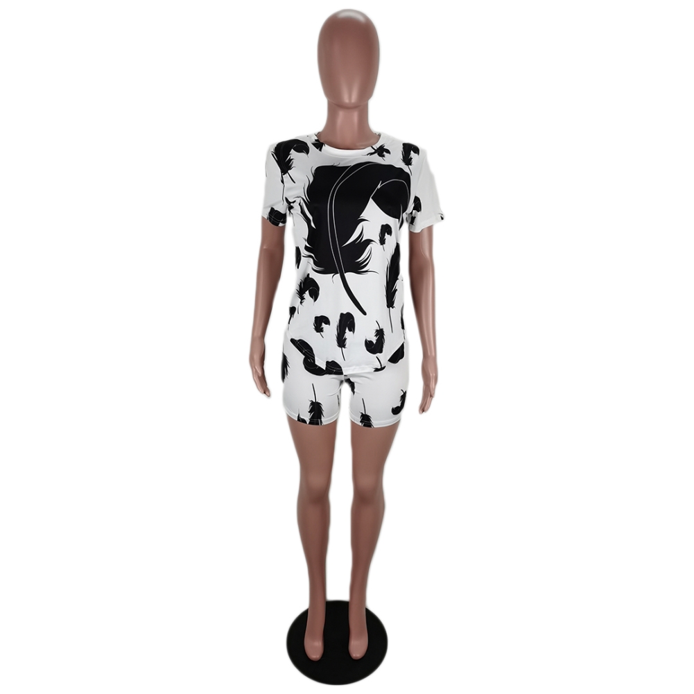 White and Black Feather Print Two Piece Shorts Set