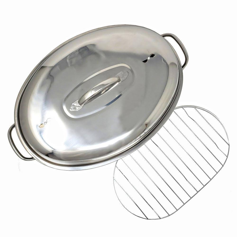 LavoHome Stainless Steel Oval Lidded Roaster Pan Extra Large Lightweight | with Induction Lid Wire Rack | Multi-Purp