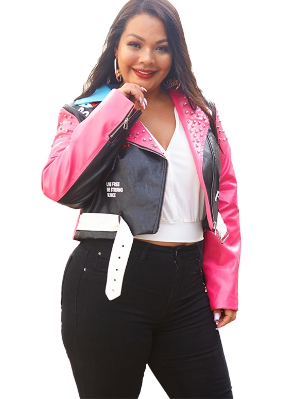Plus Size Print Leather Zipper Jacket with Belt