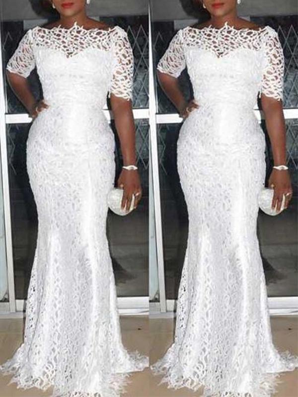 Sexy Short Sleeve Boat Neck Lace Evening Dress