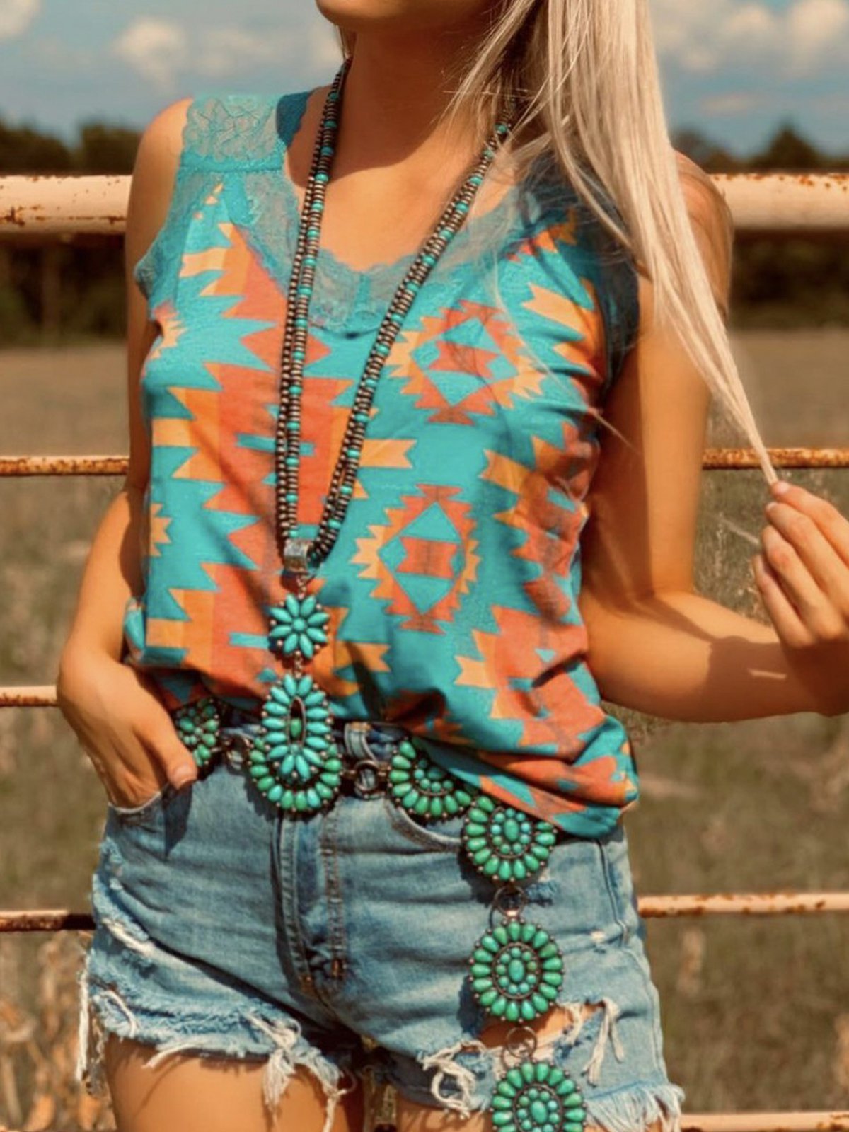 Boho Turquoise Geometric Sexy Shift Vests