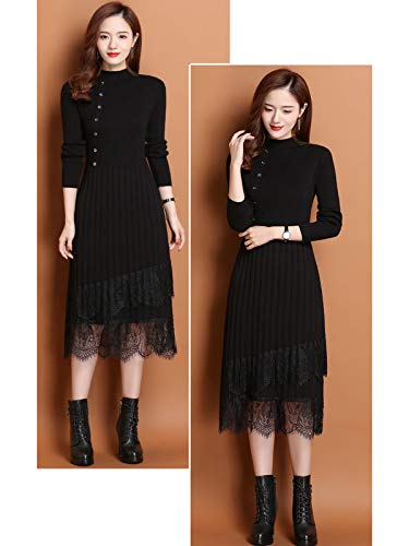 连衣裙 女士 秋冬 长袖 罗纹针织连衣裙 蕾丝