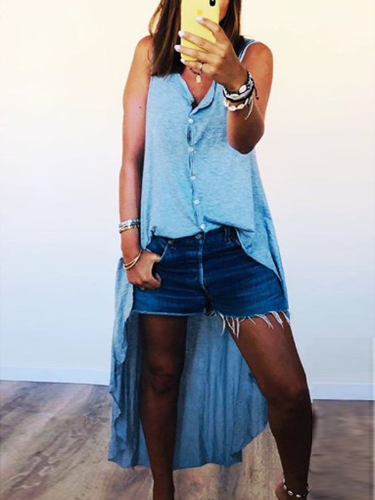 Blue Sleeveless Plain Cotton-Blend V Neck Shirts & Tops