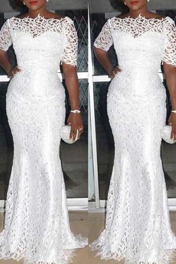 Sexy Short Sleeve Boat Neck Lace Evening Dress