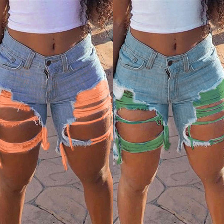 Summer new European and American cross-border Amazon wish women's net red ripped denim pants WY5309