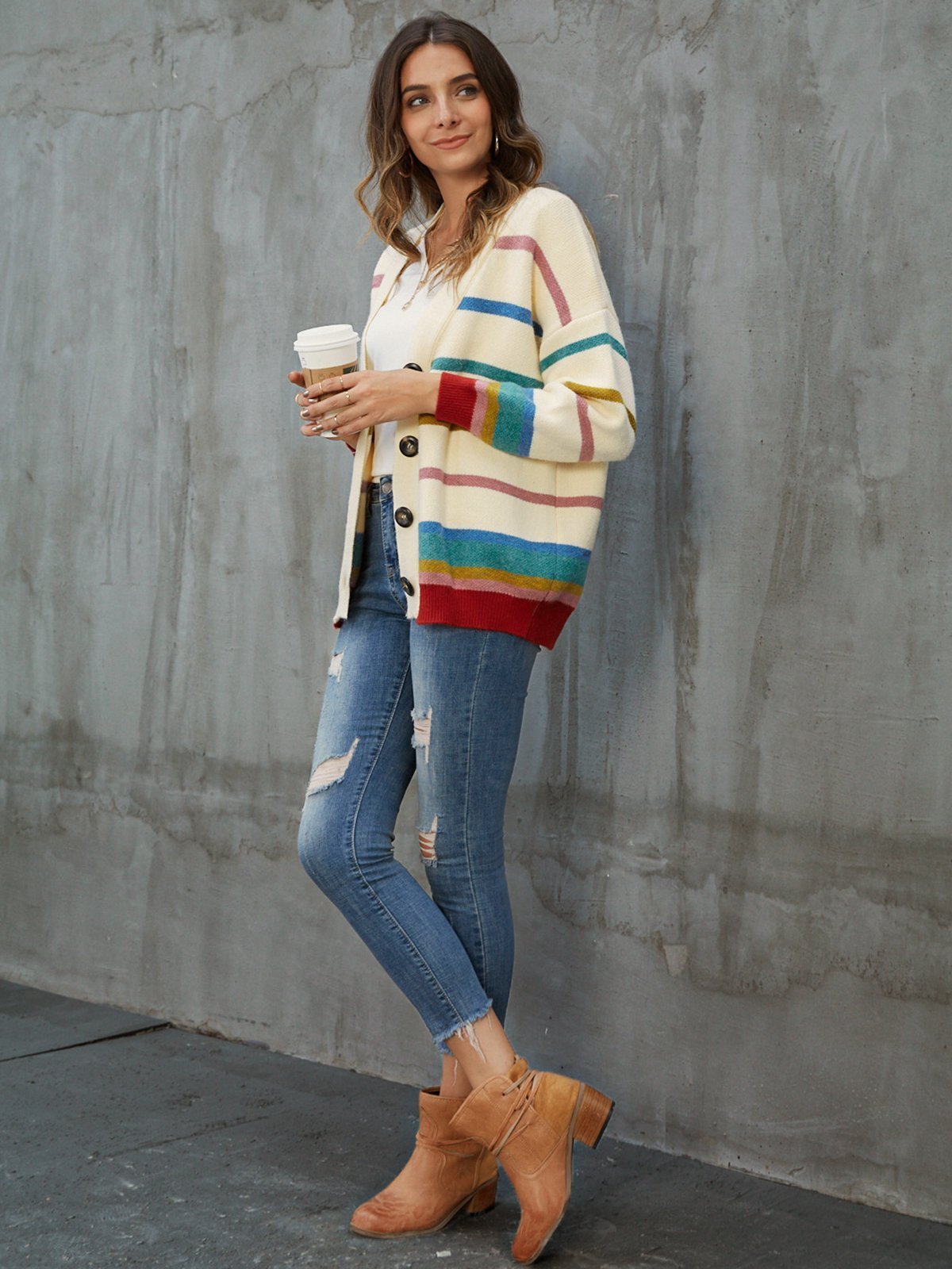 Beige Long Sleeve V Neck Sweater